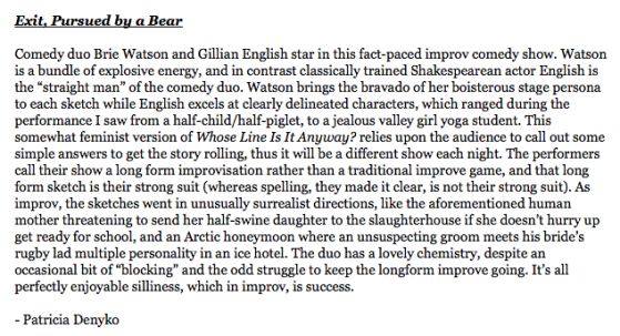 Brie Watson and Gillian English perform longform improv comedy at Atlantic Fringe Festival